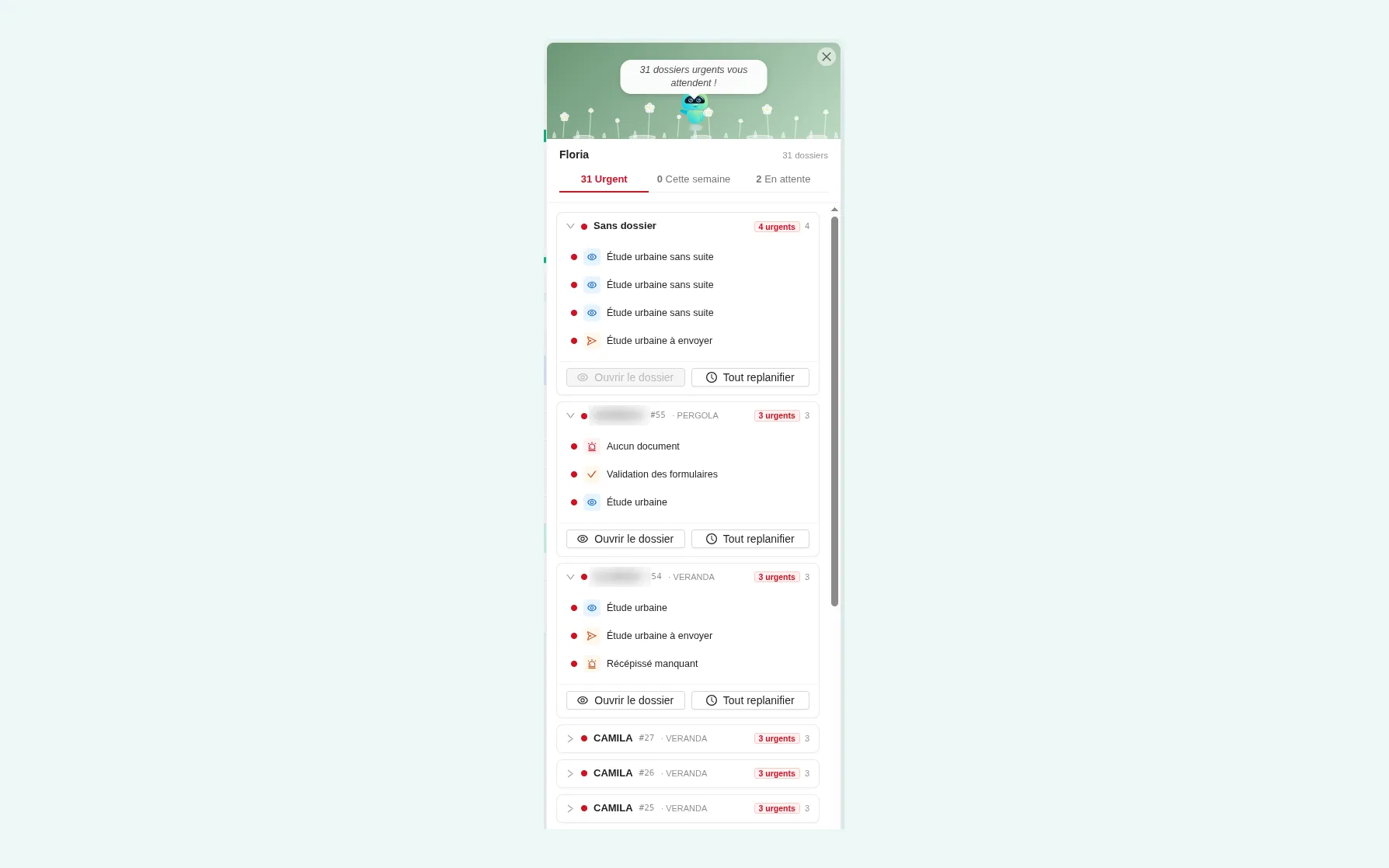 Assistant de tâches : les actions urgentes de l’architecte regroupées par dossier, à ouvrir ou replanifier en un clic.