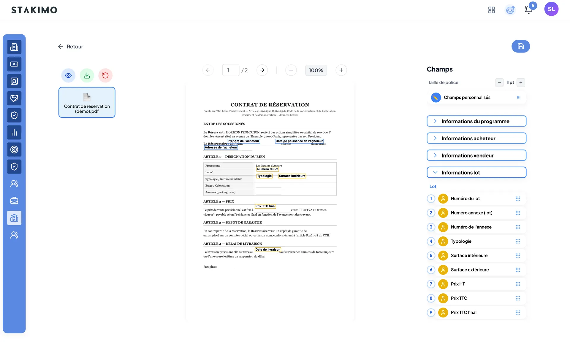 Éditeur de contrat : les champs du programme, de l’acheteur, du vendeur et du lot placés sur le PDF du contrat de réservation.
