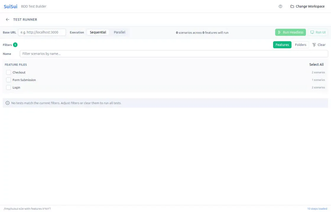 The test runner: filters by feature, sequential or parallel execution